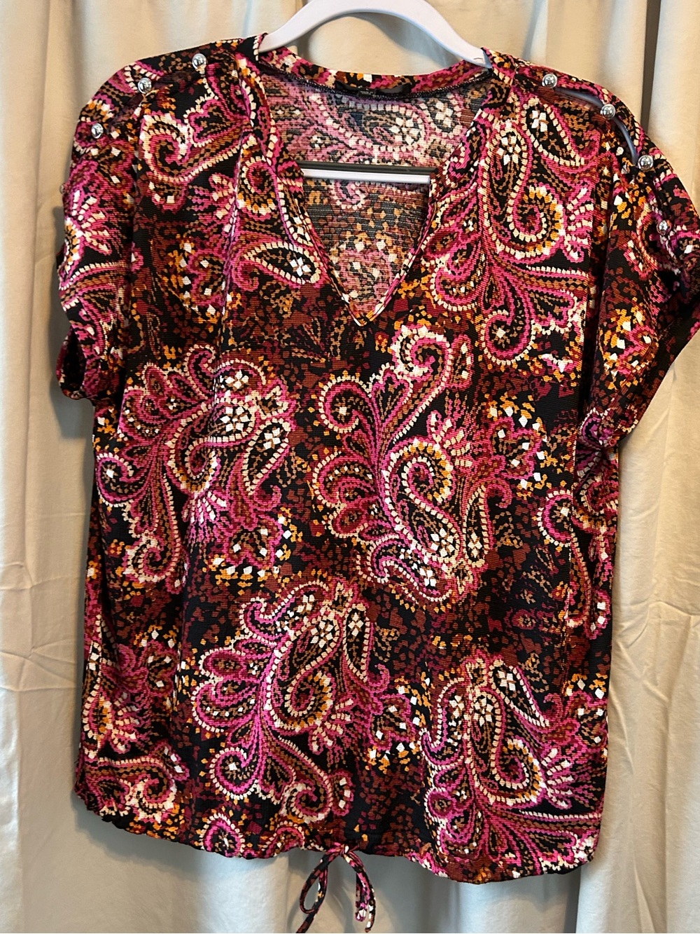 Fred David Pink and Black Paisley V-Neck Short Sleeve Top